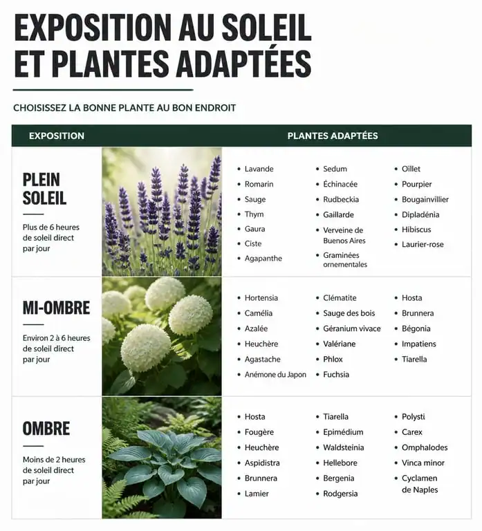 Guide des plantes faciles selon l'exposition pour jardinier débutant