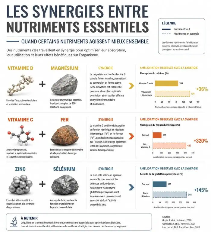 Infographie sur les synergies entre vitamines et minéraux pour une meilleure absorption des compléments alimentaires