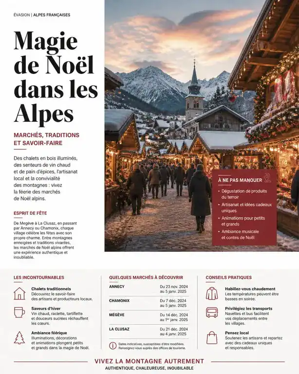 Marché de Noël en Rhône-Alpes 2025, ambiance festive et chalets artisanaux dans les Alpes