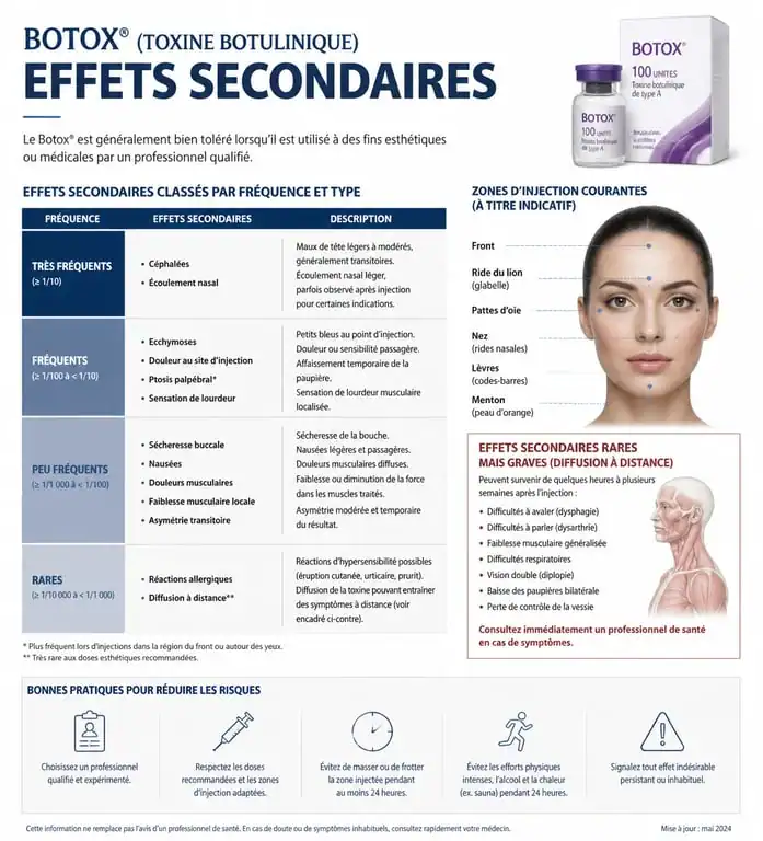 Infographie sur les effets secondaires du Botox et précautions à prendre