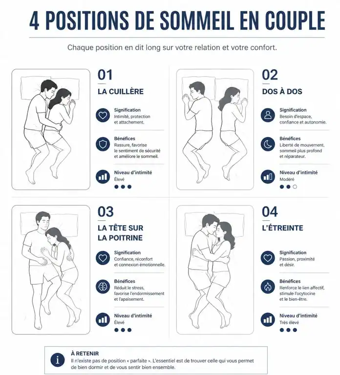 Infographie des différentes positions de sommeil en couple pour mieux comprendre la dynamique relationnelle