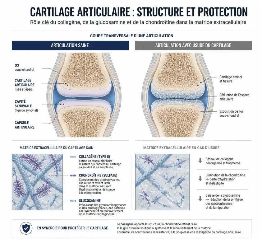 Schéma explicatif du rôle des médicaments et actifs pour les articulations et le cartilage