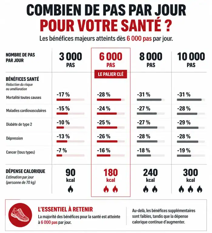Infographie des bénéfices santé et calories brûlées selon le nombre de pas par jour : 3000, 6000, 8000 et 10000 pas.