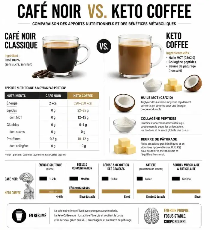 Infographie comparative des bénéfices santé du keto coffee et du café noir