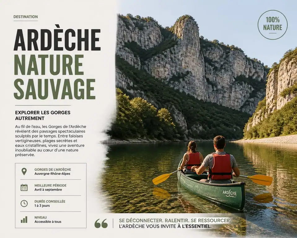Canoë sur une rivière dans les Gorges de l'Ardèche pour une sortie où faire du canoë en France
