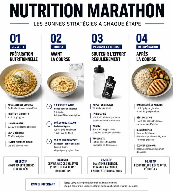 Infographie des phases de l'alimentation pour un marathon