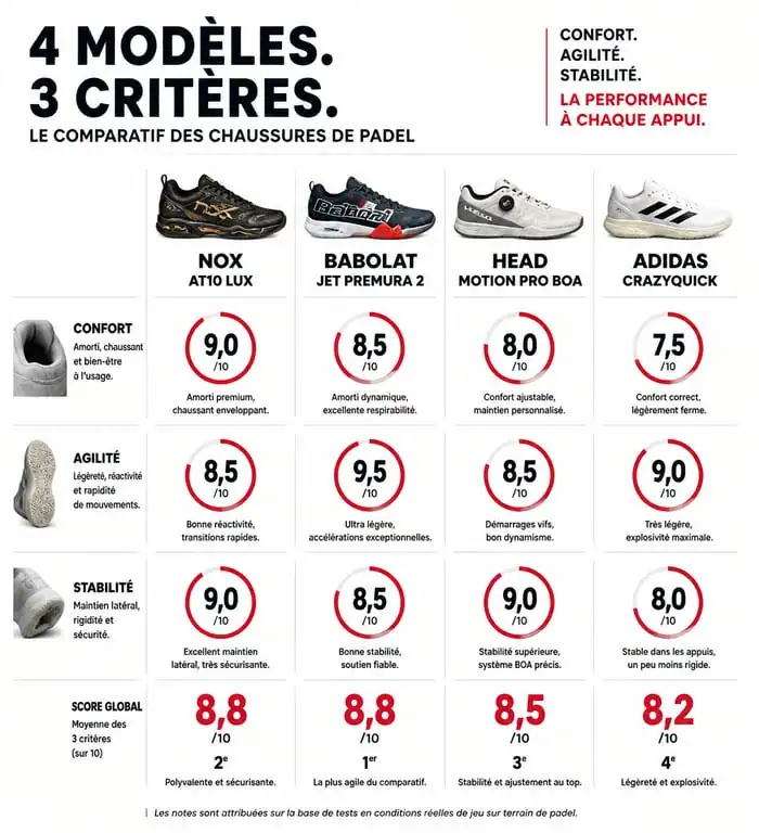 Infographie comparative des meilleures chaussures de padel : Nox, Babolat, Head et Adidas selon leurs performances techniques.