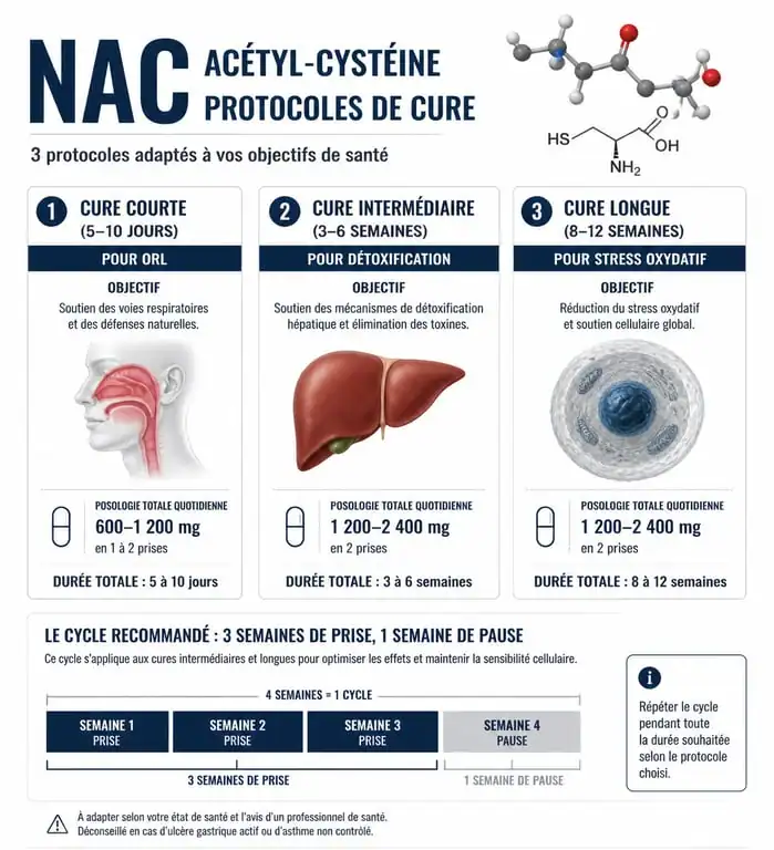 Infographie des durées de cure de NAC selon les objectifs de santé et le cycle de prise