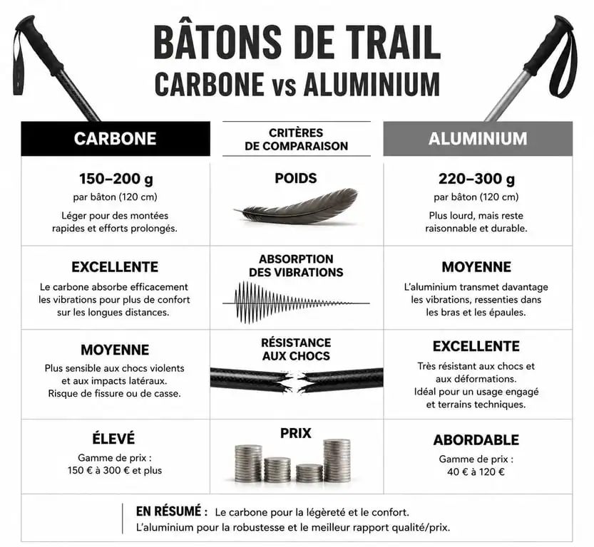 Comparatif des matériaux pour bâtons de trail pliables : carbone vs aluminium