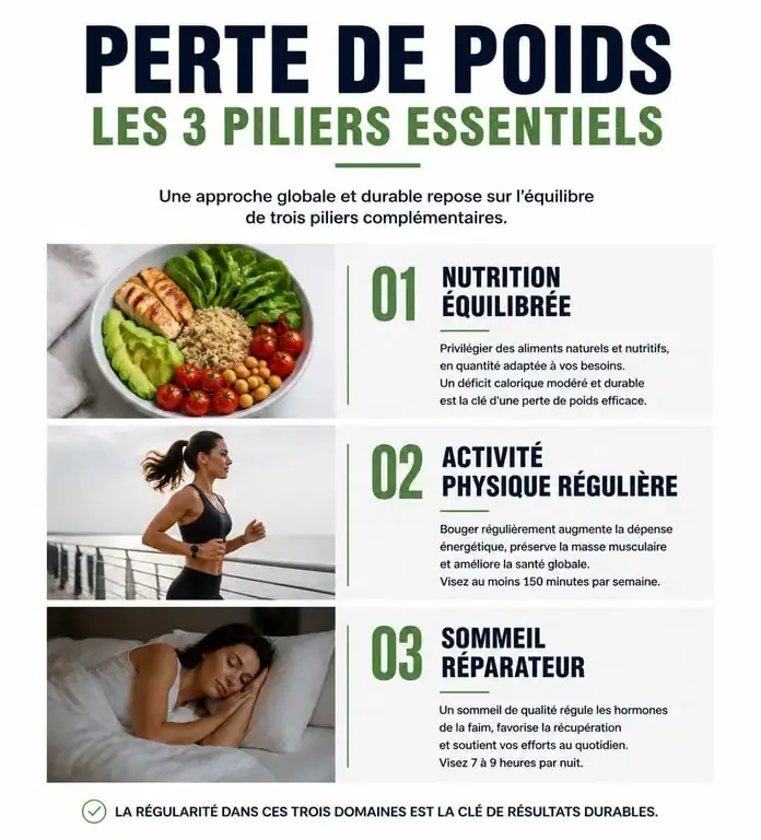 Infographie sur les trois piliers pour perdre du poids en 1 mois : nutrition, sport et sommeil