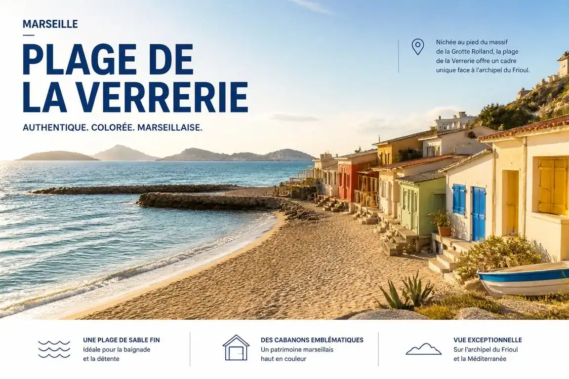 Plage de la Verrerie à Marseille, un lieu authentique avec ses cabanons et sa vue sur la Méditerranée.