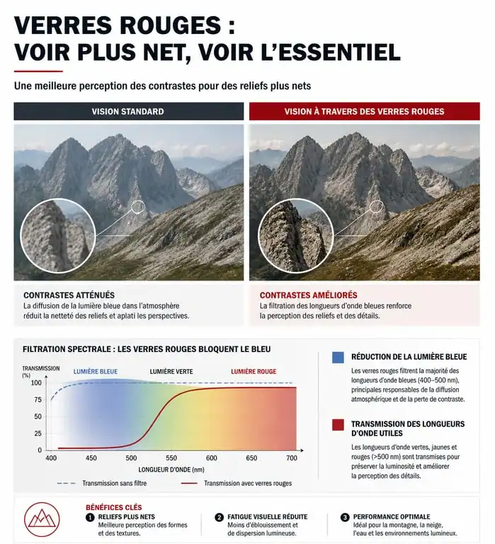 Infographie expliquant les bénéfices des lunettes à verres rouges pour le contraste et la vision