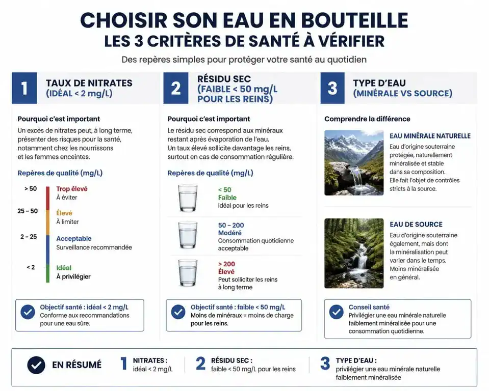 Infographie des critères de santé pour choisir l'eau en bouteille la plus saine