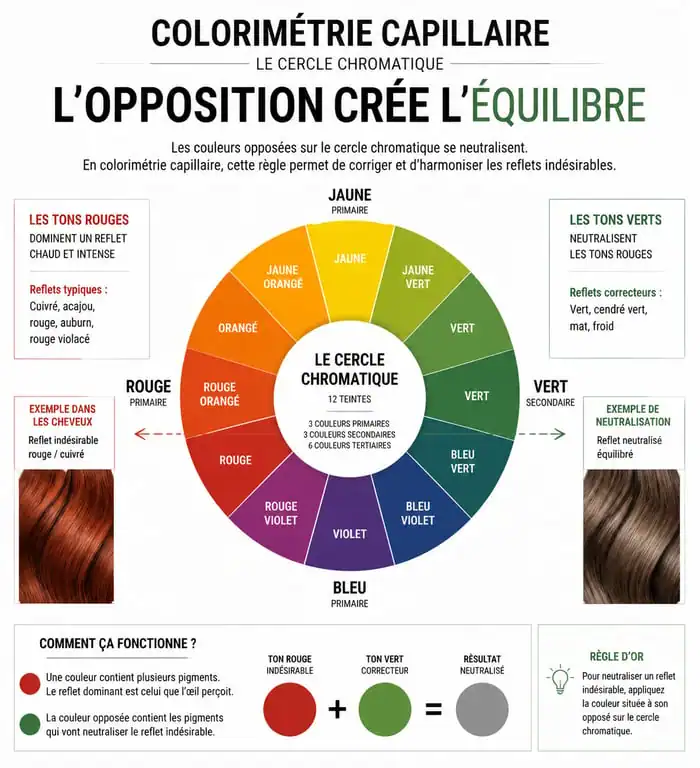 Schéma de colorimétrie capillaire expliquant comment neutraliser les reflets rouges des cheveux avec des pigments verts.