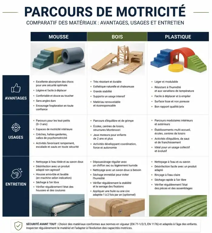 Comparatif des matériaux pour parcours de motricité : mousse, bois et plastique