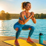 femmes fitness squat lac coucher de soleil