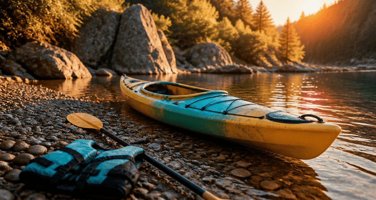 kayak riviere jaune turquoise sur galets