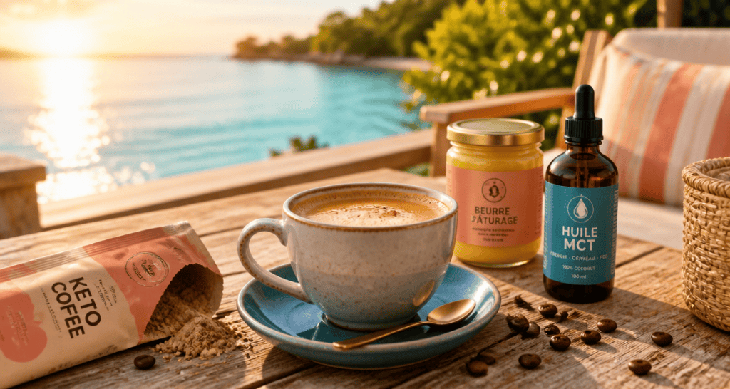 keto coffee crémeux sur terrasse bois au bord du lac
