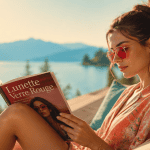 femme avec lunette verre rouge sur terrasse