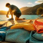 marque de vêtements de sport pliés sur terrasse au bord d’un lac