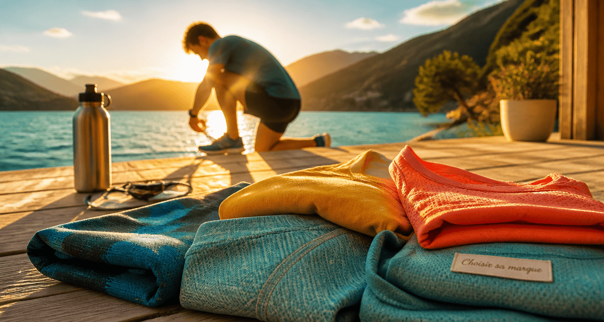 marque de vêtements de sport pliés sur terrasse au bord d’un lac