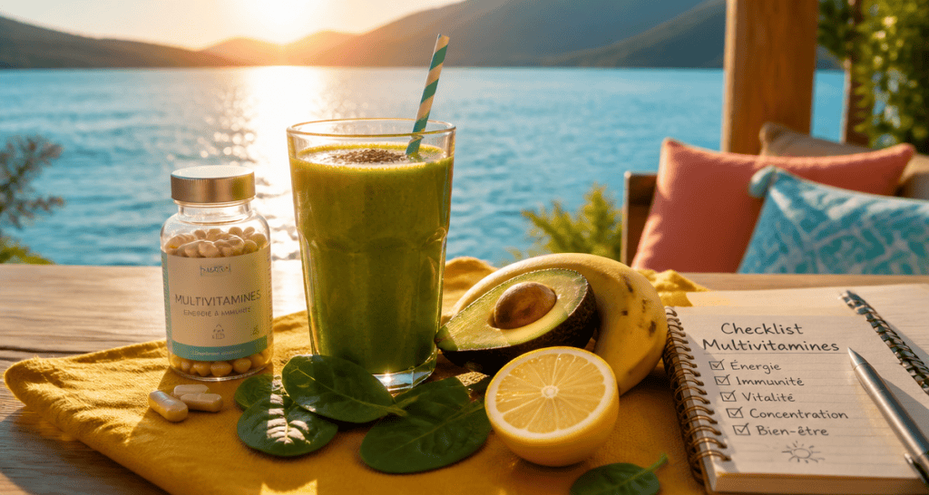flacon multi vitamines et mineraux smoothie fruits terrasse lac
