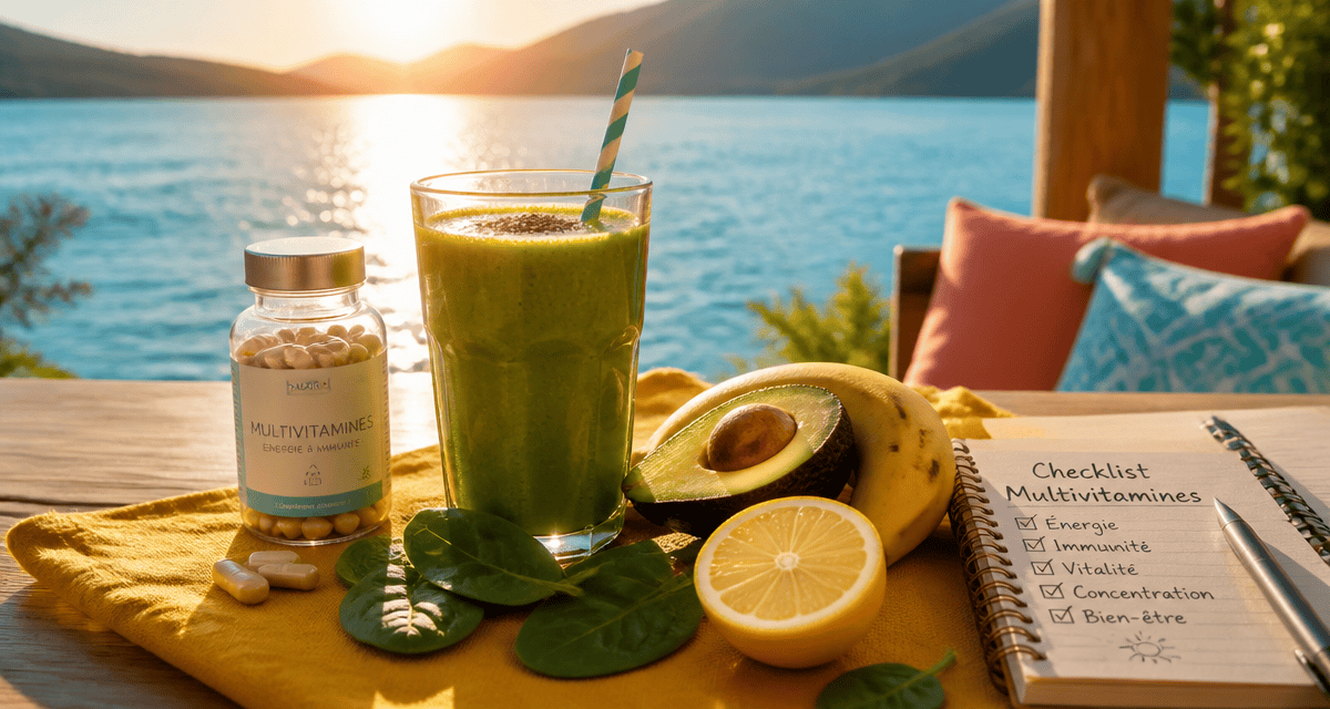 flacon multi vitamines et mineraux smoothie fruits terrasse lac