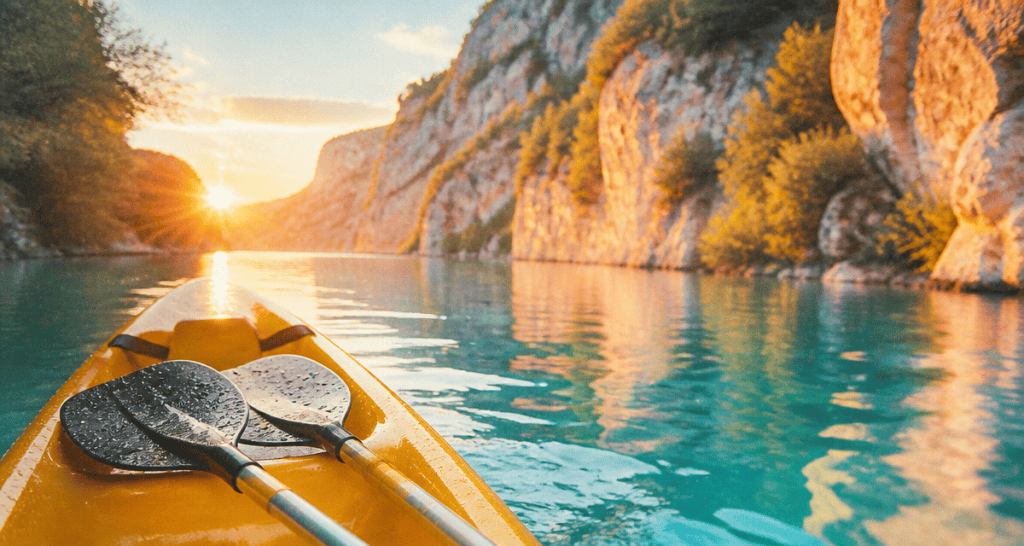 ou faire du canoe sur riviere turquoise au coucher de soleil