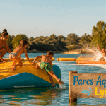 Parc aquatique Lyon famille structure gonflable lac