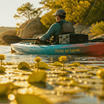 peche en kayak sur lac lumineux avec nenuphars