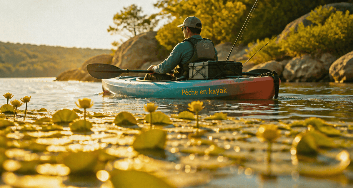 peche en kayak sur lac lumineux avec nenuphars