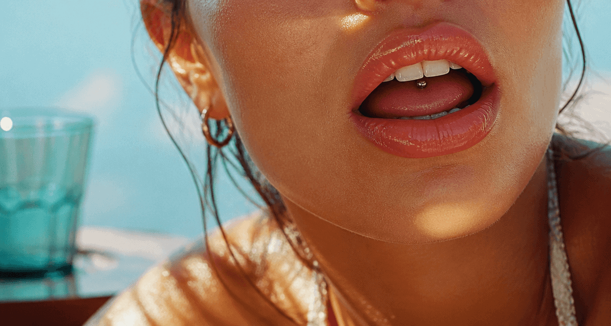 Piercing langue surface horizontal sur femme moderne