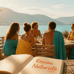 Groupe sur terrasse lac réseau naturiste