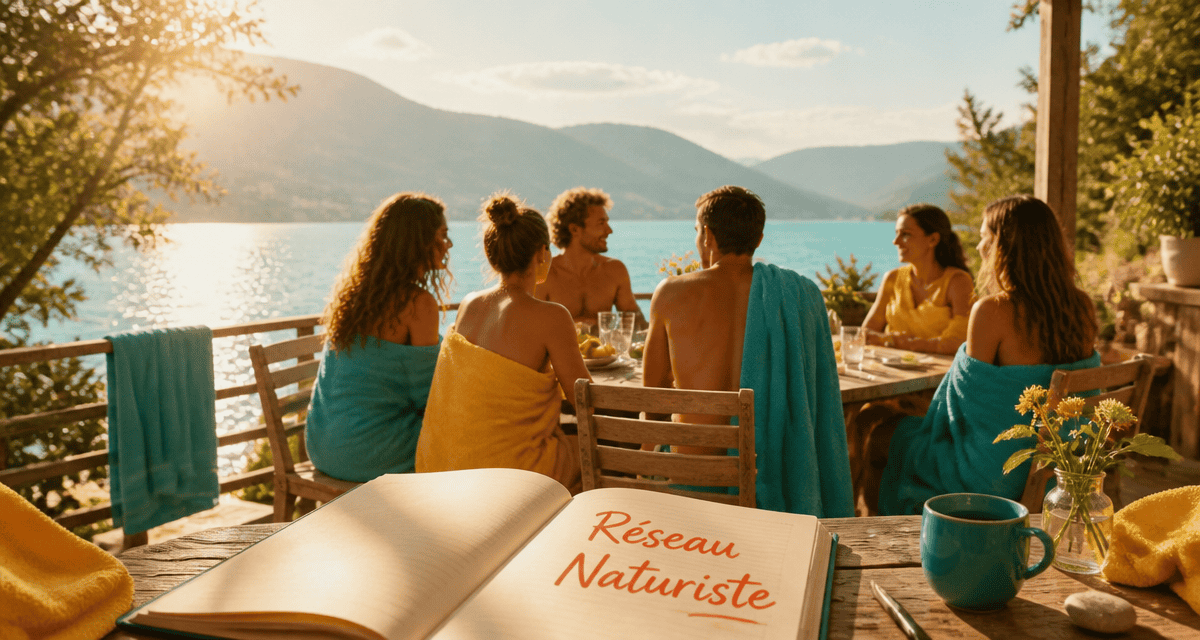 Groupe sur terrasse lac réseau naturiste