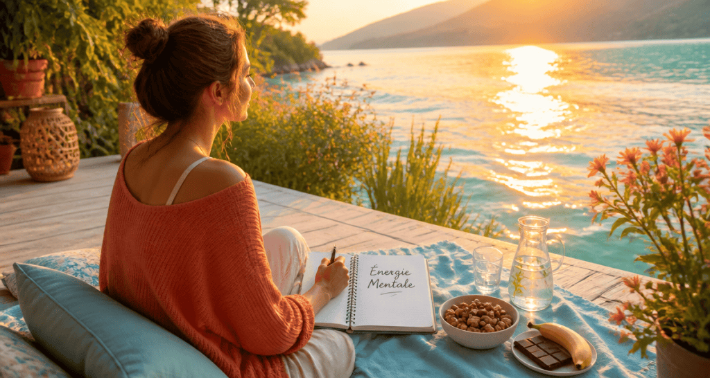 retrouver de l energie mentale femme terrasse lac