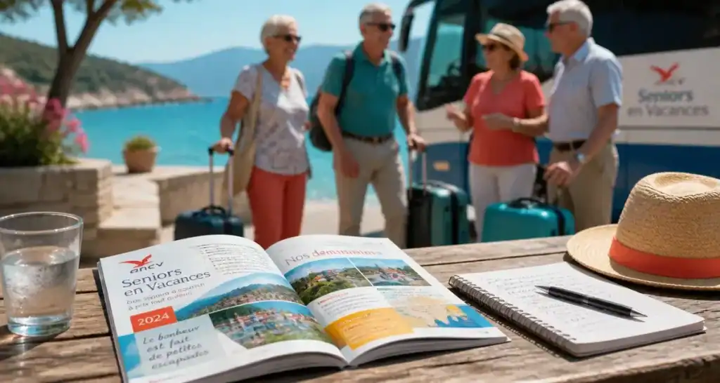ANCV seniors en vacances destinations 2025 : brochure et seniors souriants près de la mer