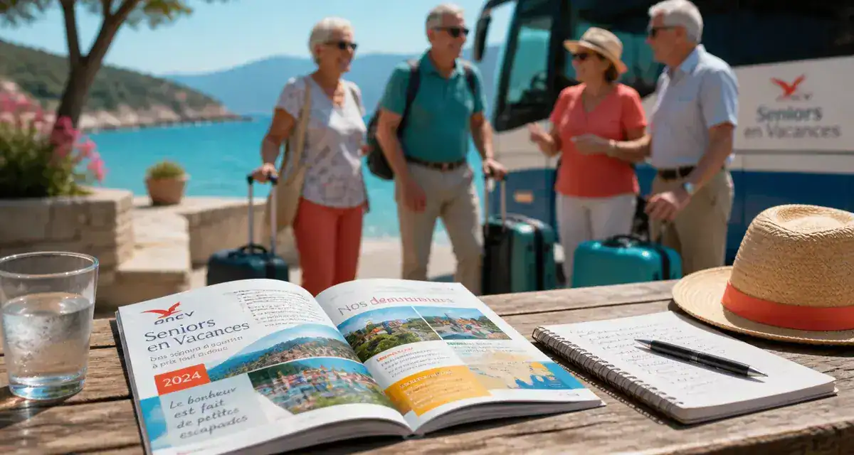 ANCV seniors en vacances destinations 2025 : brochure et seniors souriants près de la mer