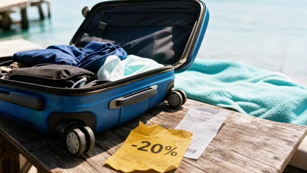 Bagagerie pas cher : valise cabine durable bleu ouverte, étiquette de promo visible