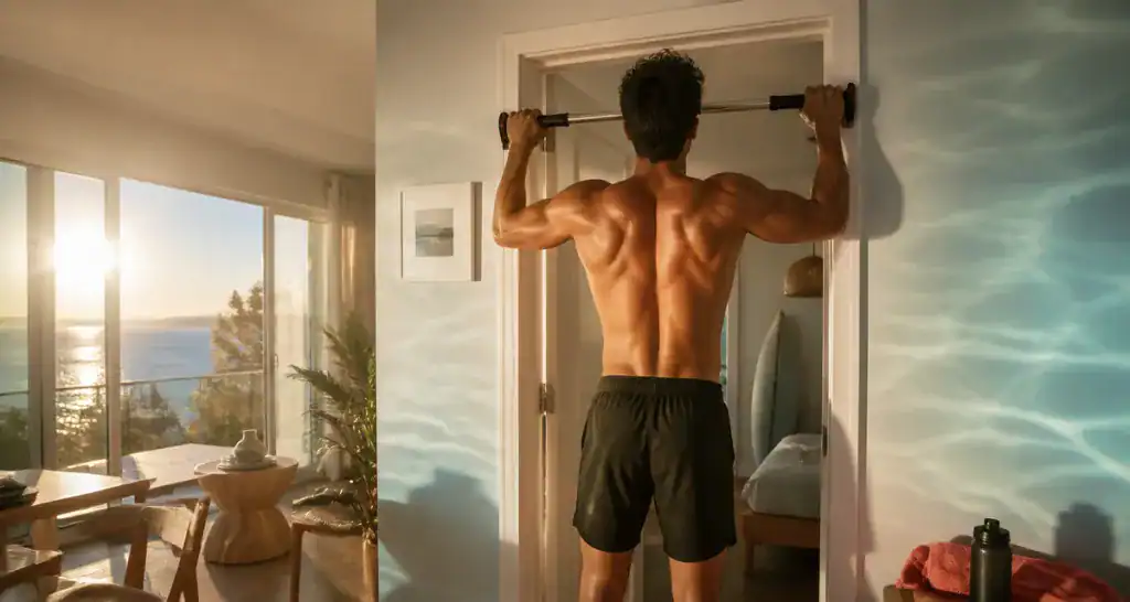 barre de traction de porte installée par un sportif