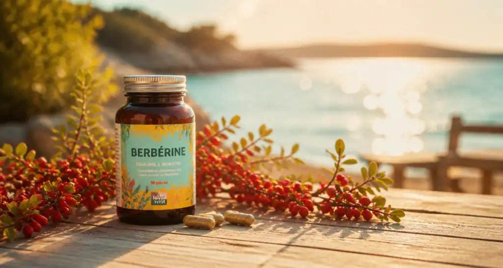 berberine perte de poids flacon sur table au bord du lac