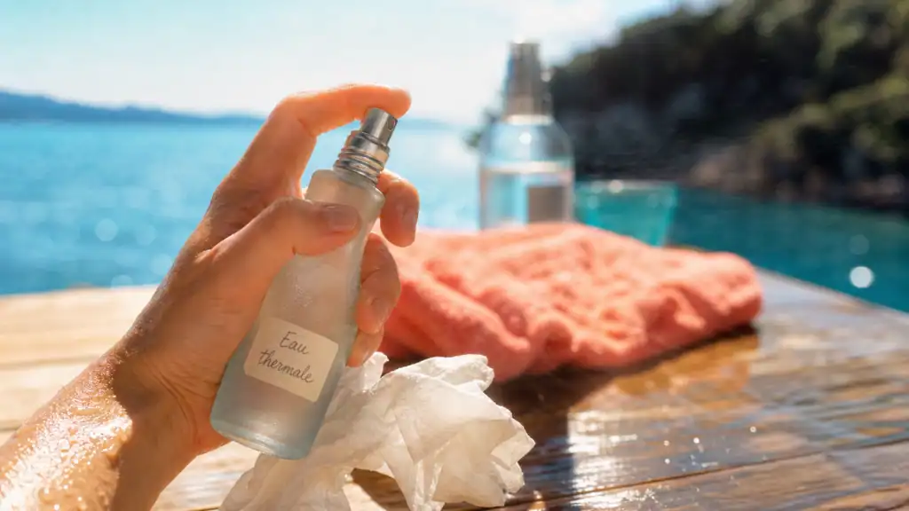 Bienfaits eau thermale : spray sur peau, gouttes apaisantes