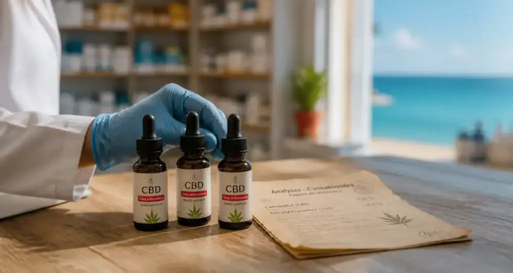 CBD en pharmacie sans ordonnance : flacons qualité et analyses THC <0,3