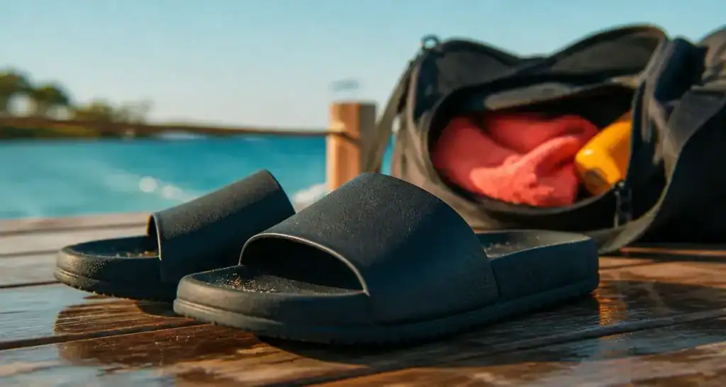 Claquette noir homme : claquettes noires sur terrasse près de l’eau