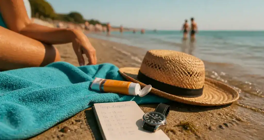 Combien de temps pour bronzer : crème solaire SPF 50 sur serviette au bord de mer