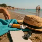 Combien de temps pour bronzer : crème solaire SPF 50 sur serviette au bord de mer