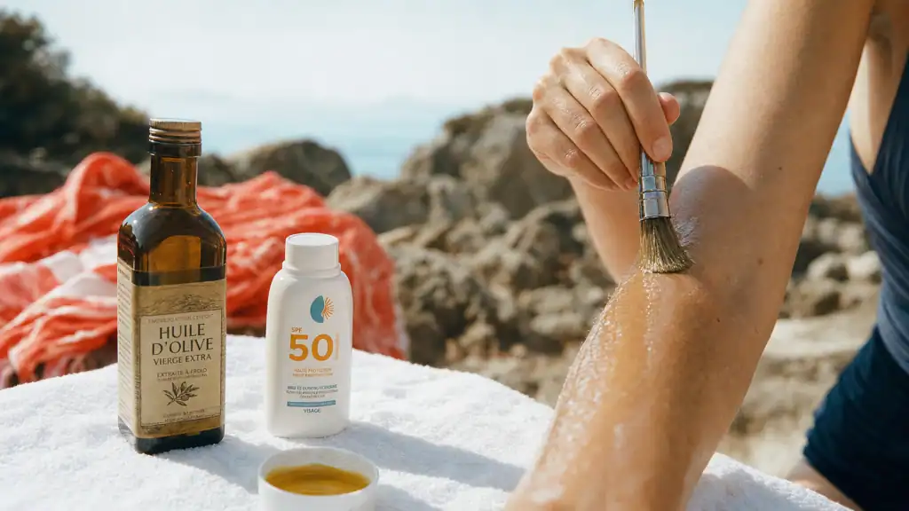 Comment bronzer rapidement huile d'olive : crème SPF, huile d’olive et serviette au bord de l’eau
