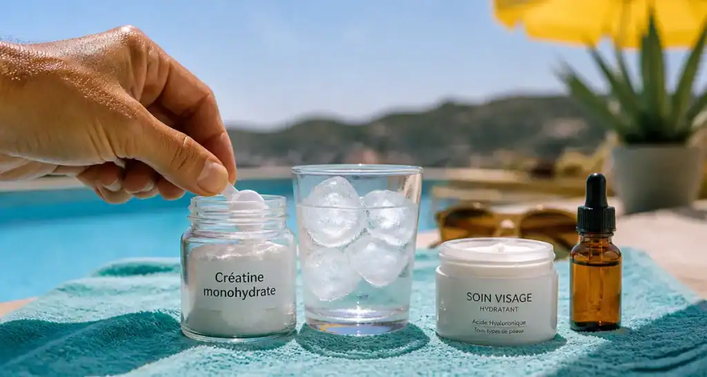 Créatine monohydrate près crème visage et eau, focus peau et acné