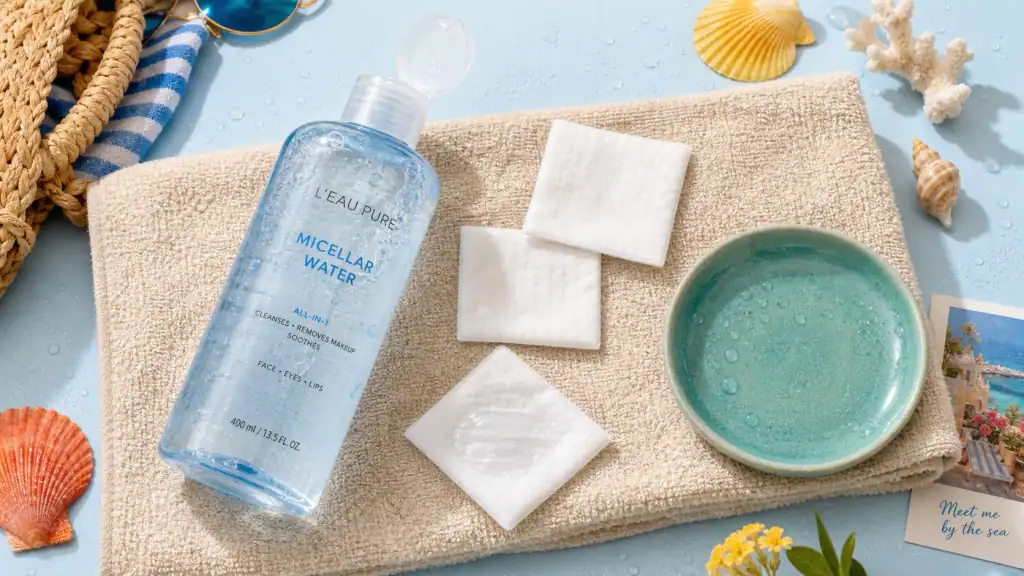 Eau micellaire c’est quoi : fonctionnement et usages, photo flacon et cotons