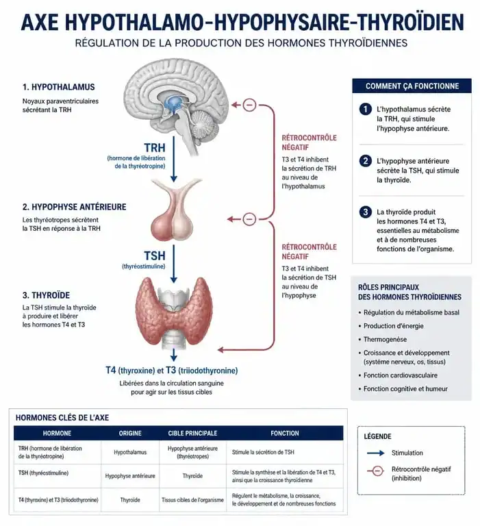 Schéma explicatif de la régulation hormonale thyroïdienne : TSH, T4 et T3 dans le cadre d'un bilan thyroïdien
