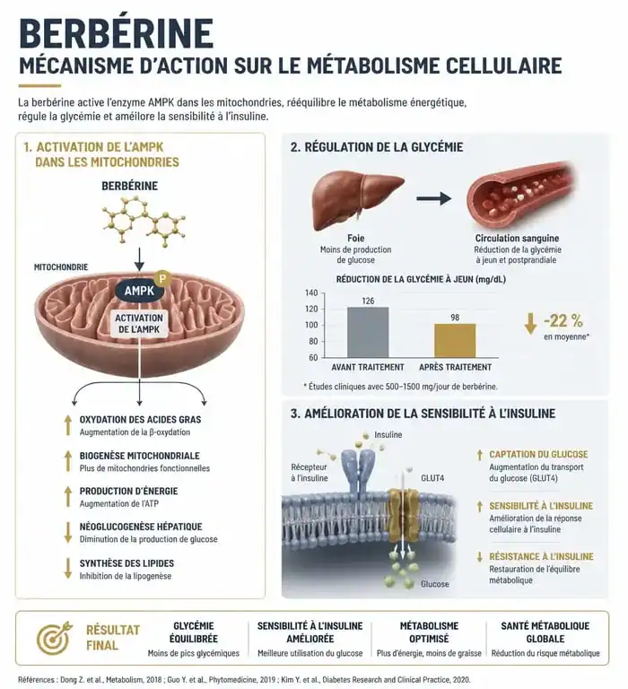 Schéma explicatif du mécanisme d'action de la berbérine pour la perte de poids et la régulation métabolique